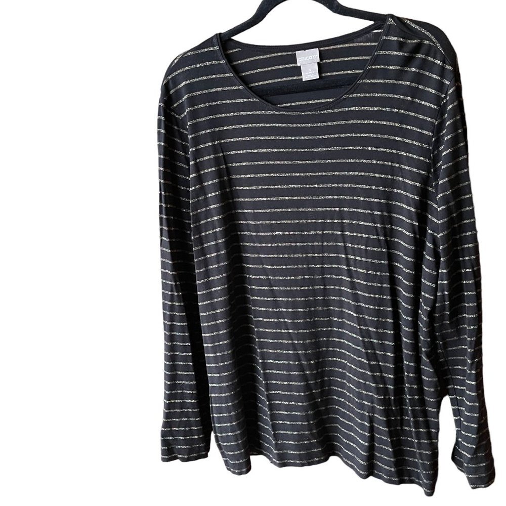 CHICO'S Gold Metallic Pinstripe on Black Comfy Long Sleeve Round Neck Te…